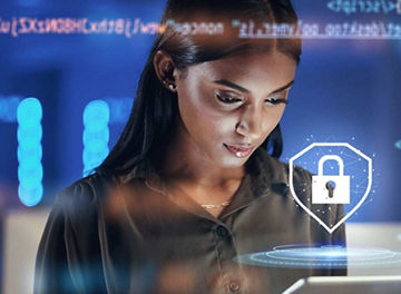 Tablet, lock security and woman in hologram representing cybersecurity