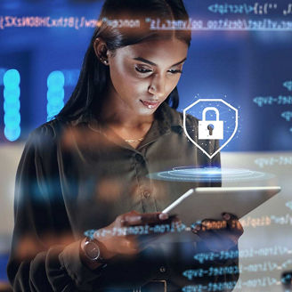 Tablet, lock security and woman in hologram representing cybersecurity