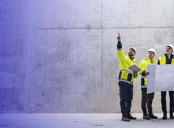 Team of engineers looking up