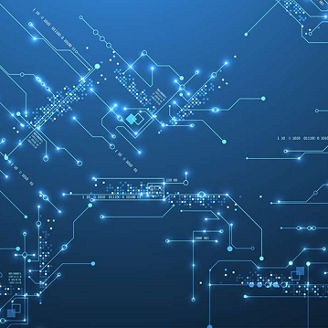 Digital circuit visualization vector background.  Blue board pattern with interconnected lines, nodes, and binary code.