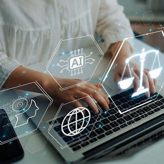 Woman using laptop with AI icons overlaid