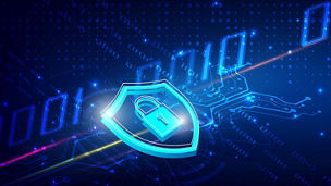 Abstract digital security shield with padlock icon on blue background