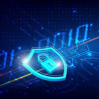 Abstract digital security shield with padlock icon on blue background
