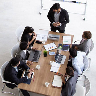 Aerial view of a group of people in a meeting