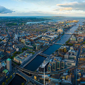 Aerial view of Dublin and river Liffey in summer, Ireland representing CER regulations and Ireland's infrastructure