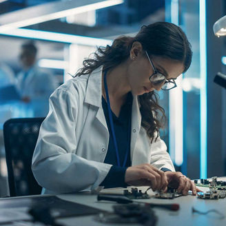 Professional Female Engineer Working on Electronic Circuit Boards representing R&D and electronic engineering