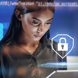 Woman using tablet with security icon overlaid