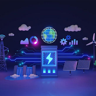Smart grid and effective electricity distribution in 3D illustration concept. Renewable power network with alternative solar or wind generation infrastructure. Transformer station. 3D Illustration