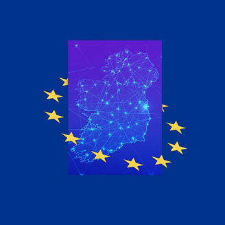 Illustration of Ireland surrounded by EU stars representing Ireland’s EU Presidency