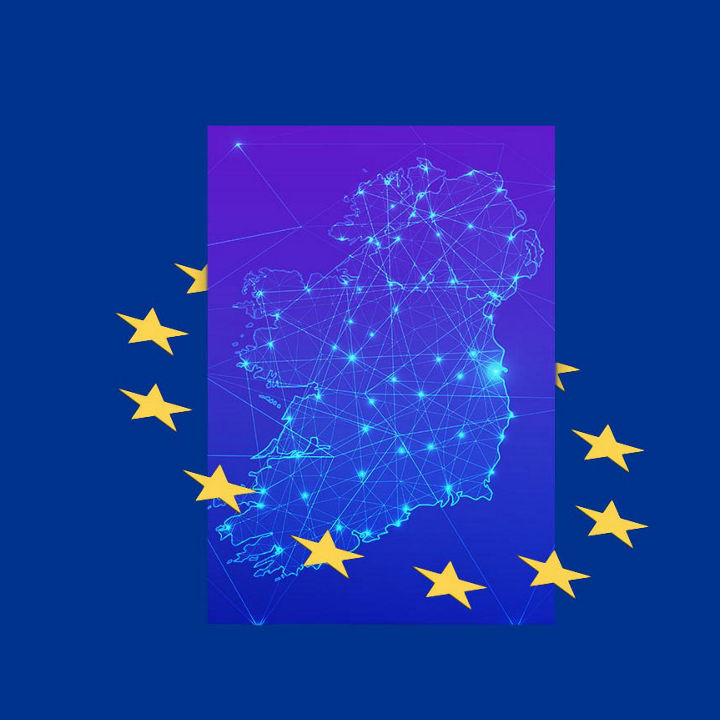 Illustration of Ireland surrounded by EU stars representing Ireland’s EU Presidency