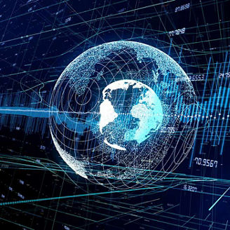Globe within globe with candlestick graphs overlaid