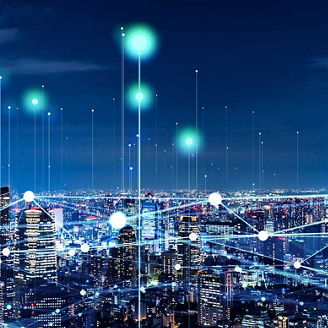 Modern cityscape with communication network overlaid