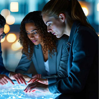 A group of people in a meeting, looking at a map on a digital board