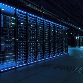 Modern Data Technology Center Server Racks Working in Dark Facility.