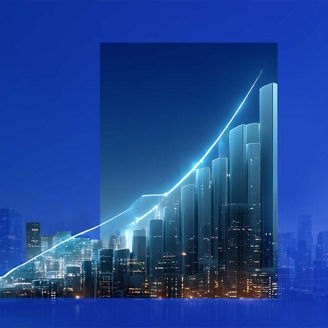 Neon light graph overlaid on skyscrapers