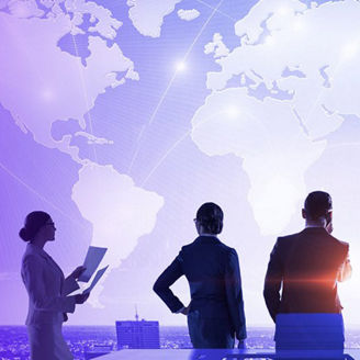 Illustration of group of people in an office, with the map of the world behind them