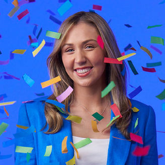 Woman on blue background with confetti and Tax text