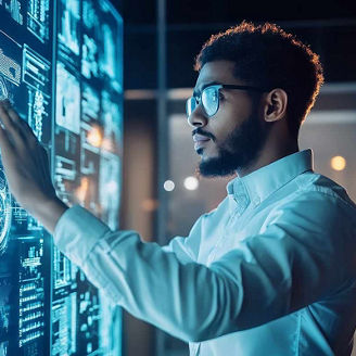 Man looking at graphs on touch screen