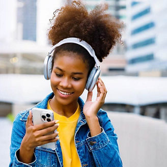 Woman listening to podcast