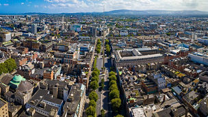 Aerial view of General Post office of Dublin on O'Connell Street, Dublin, Ireland