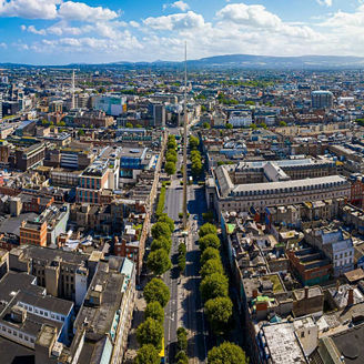 Aerial view of General Post office of Dublin on O'Connell Street, Dublin, Ireland