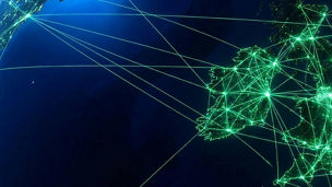 Ireland glowing on a digital network grid extending across the Atlantic