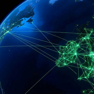Ireland glowing on a digital network grid extending across the Atlantic