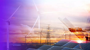 Collage of engineer looking at plans, with photos of wind turbines overlaid