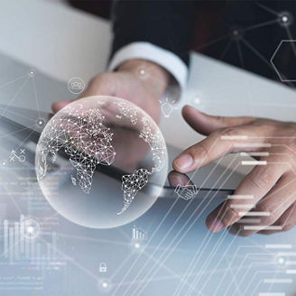 Hands using tablet with opaque globe overlaid