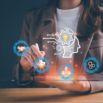 Woman using tablet with talent-related icons overlaid