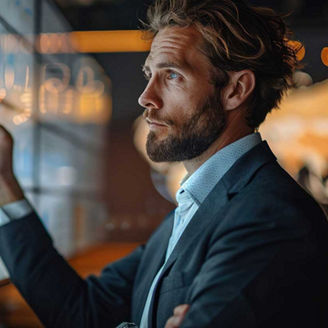 Man looking at graphs on screens