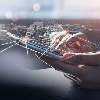 Woman using mobile smart phone with global internet network connection