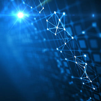 Abstract web of blue nodes on dark background with lens flare