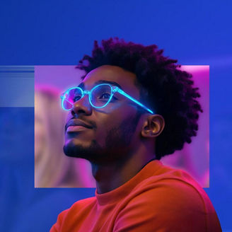 Man wearing neon glasses in lecture