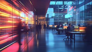 People working at desks in high-tech office