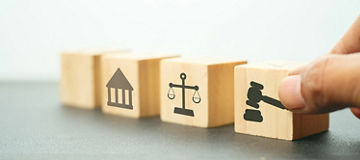 Wooden cube with court law icon. Law business and justice banner, scale and fairness. 