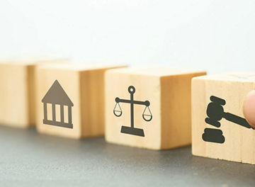 Wooden cube with court law icon. Law business and justice banner, scale and fairness. 