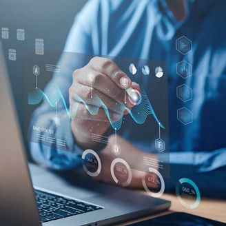 Person using touch screen and pen to interact with graphs