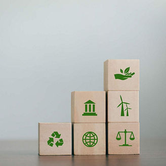 Wooden block with environmental ESG icon on gray background