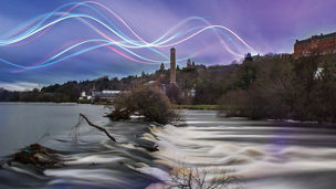 Flooding river with neon lines overlaid