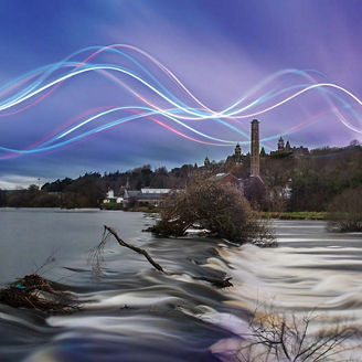 Flooding river with neon lines overlaid