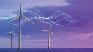 Wind turbines at sea with neon lines overlaid