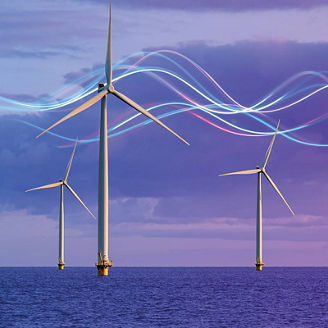 Wind turbines at sea with neon lines overlaid