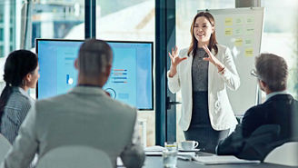 Presentation, speaker and meeting with business woman in office