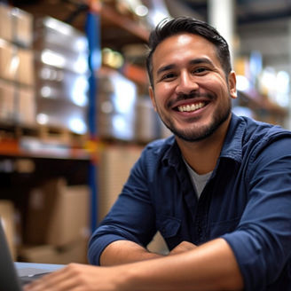 smiling man on laptop in warehouse, supply chain