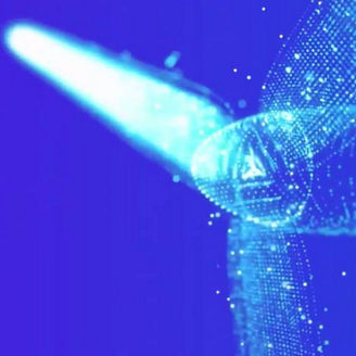 Stylised neon blue wind turbine on blue background