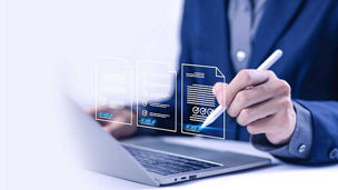 Person using laptop with document icons overlaid representing technology media and telecoms client success stories