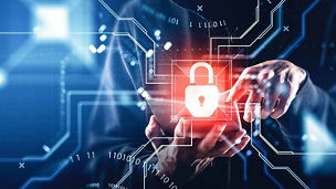 Businessman wearing casual wear is holding tablet device in his hand. Digital interface with hologram of virtual padlock on dark blue background. Concept of modern technology and cybersecurity