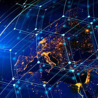Europe seen from space with neon mesh overlaid