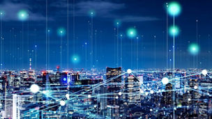 City at night with network map overlaid